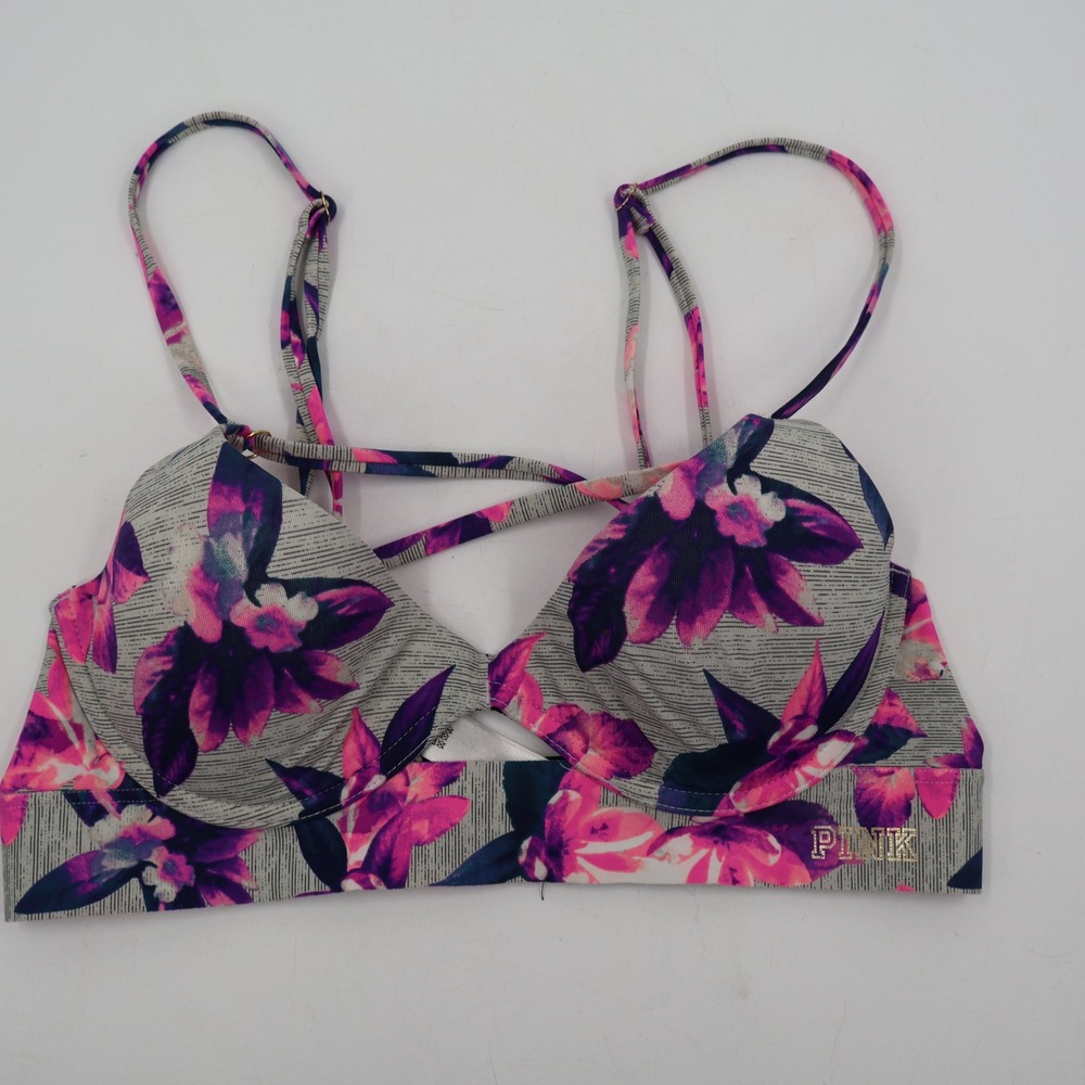 PINK Victoria's Secret Bonded Push Up Bra Womens M Grey Pink Floral Tropical